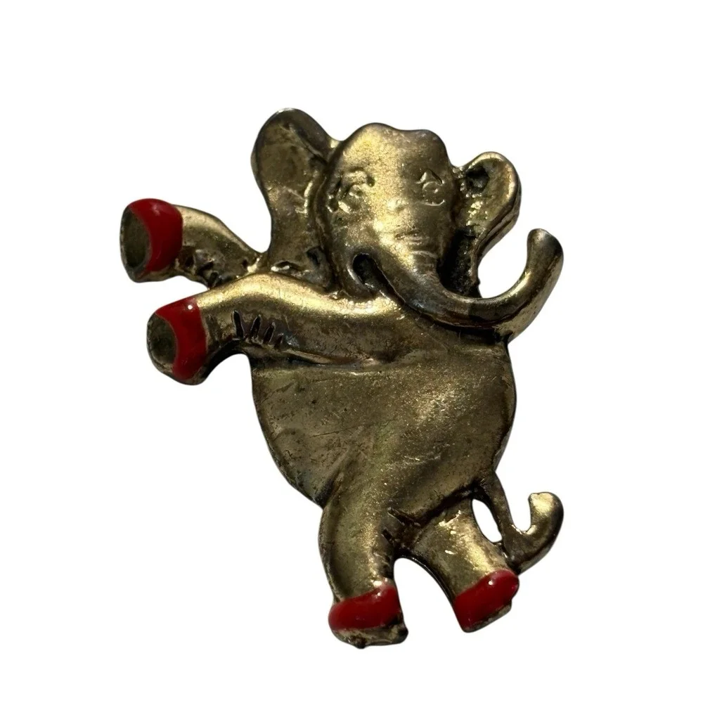 VTG Lazy Elephant Brooch Pin Gold Tone Red Enamel Shoes Figural Unique MCM Funny